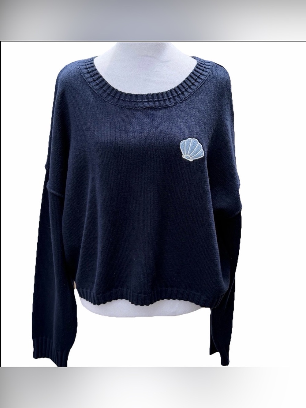 Happily Grey Women XL Crop Navy Blue CottonBlend Sweater Shell Nautical Vacation